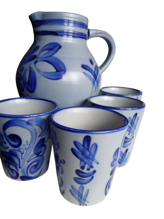 West German Vintage Pottery Water Jug and Four Cups.