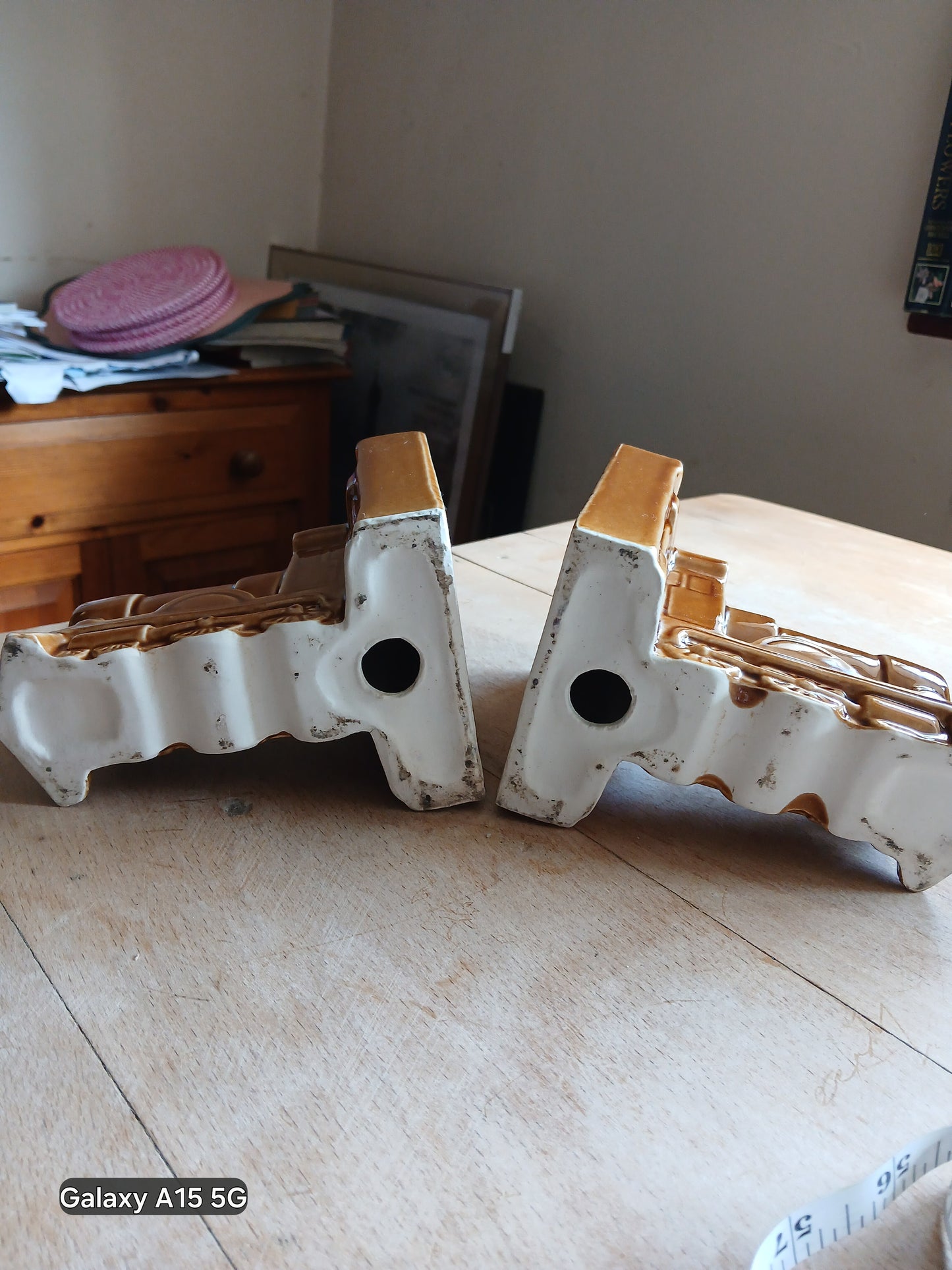 Vintage Ceramic Steam Train Locomotive Bookends – Brown Glazed Railway Engine Book Ends