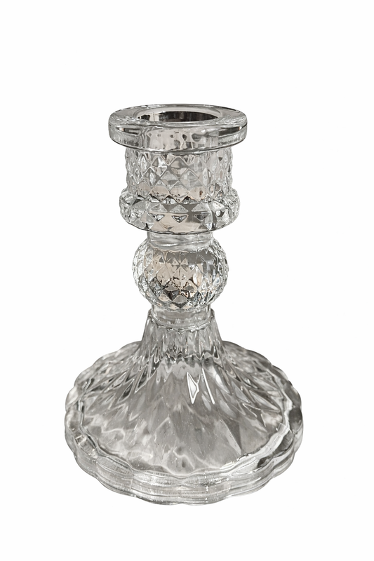 Pressed Glass Mini Candlestick Holder – Diamond Cut Pattern – Decorative Table Candlestick