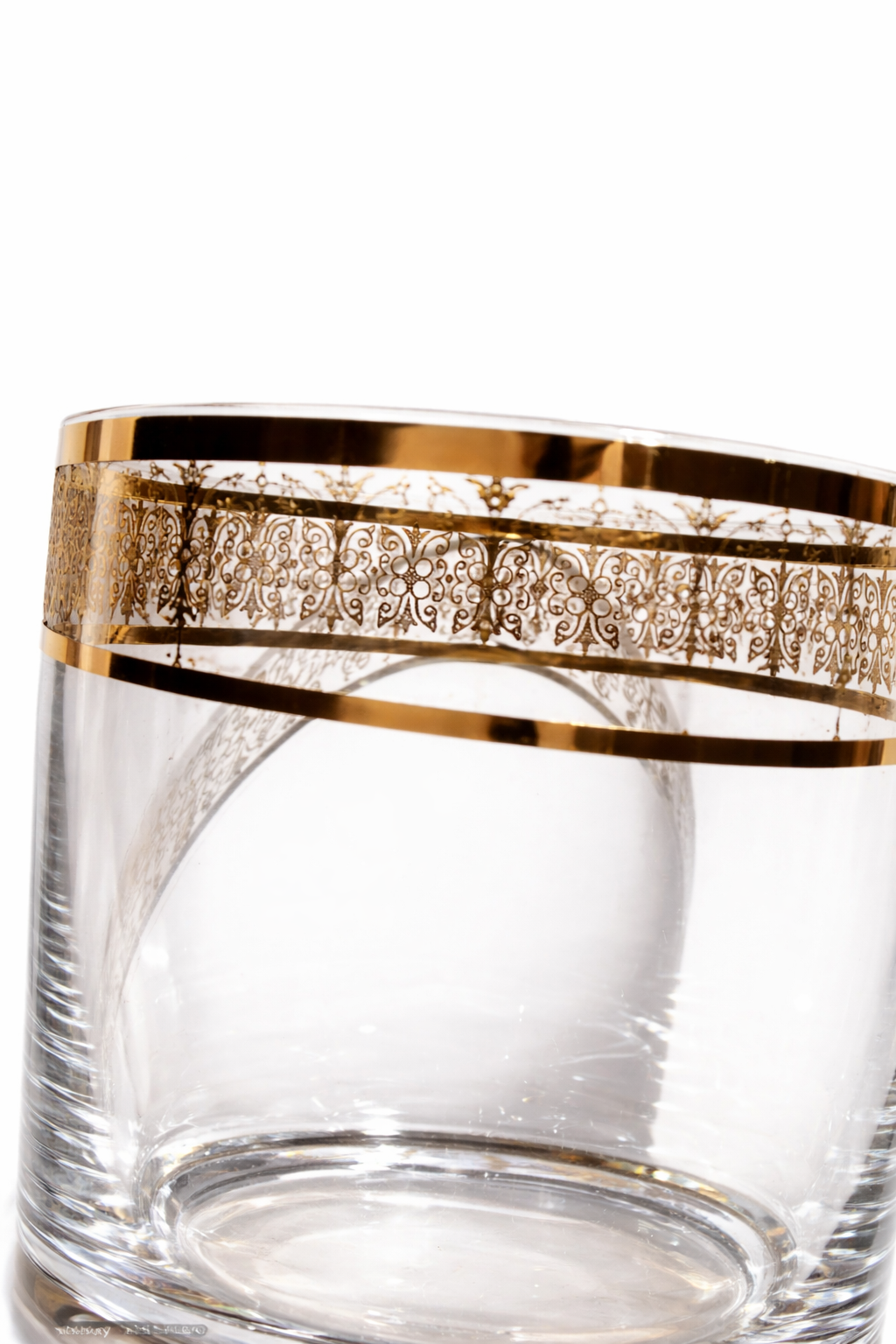 Vintage Heavy Crystal Whisky Tumblers with Gilt Floral Band – Elegant Mid Century Barware – Set of Glasses