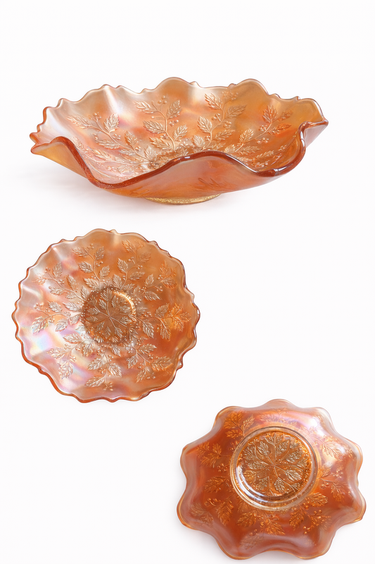 Vintage Marigold Carnival Glass Holly Pattern Ruffled Bowl – Iridescent Pressed Glass Dish