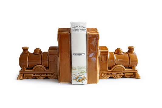 Vintage Ceramic Steam Train Locomotive Bookends – Brown Glazed Railway Engine Book Ends