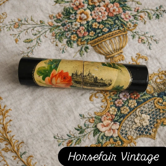 Antique Tambour case and tool with a detailed depiction of the Brighton Pavilion. Possibly 19th century