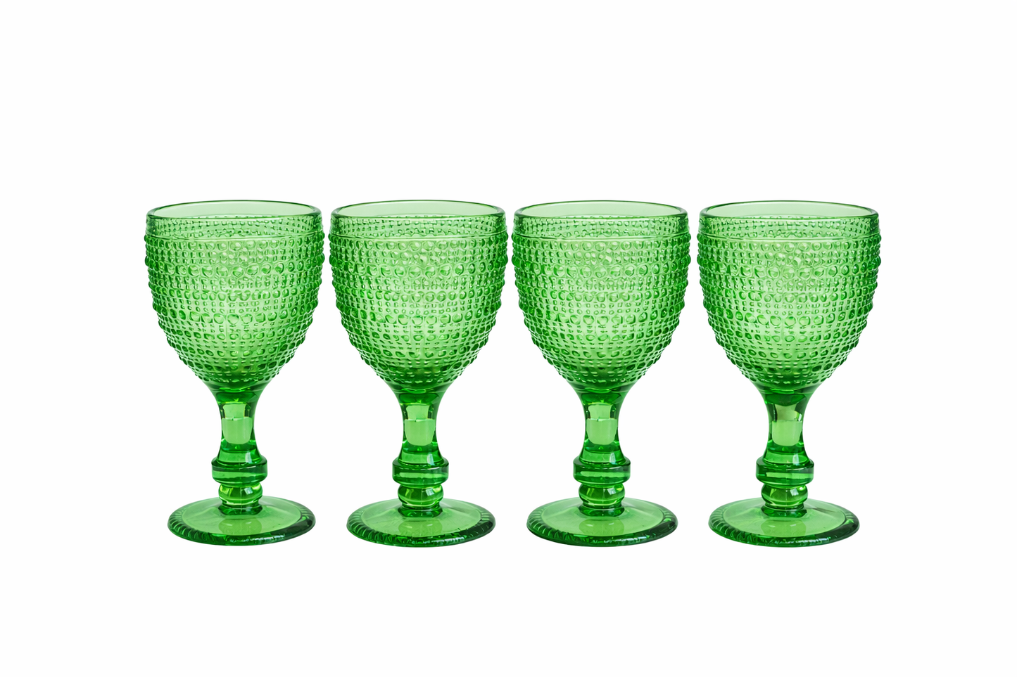 Vintage Emerald Green Hobnail Glass Goblets – Set of 4 Textured Stemmed Drinking Glasses