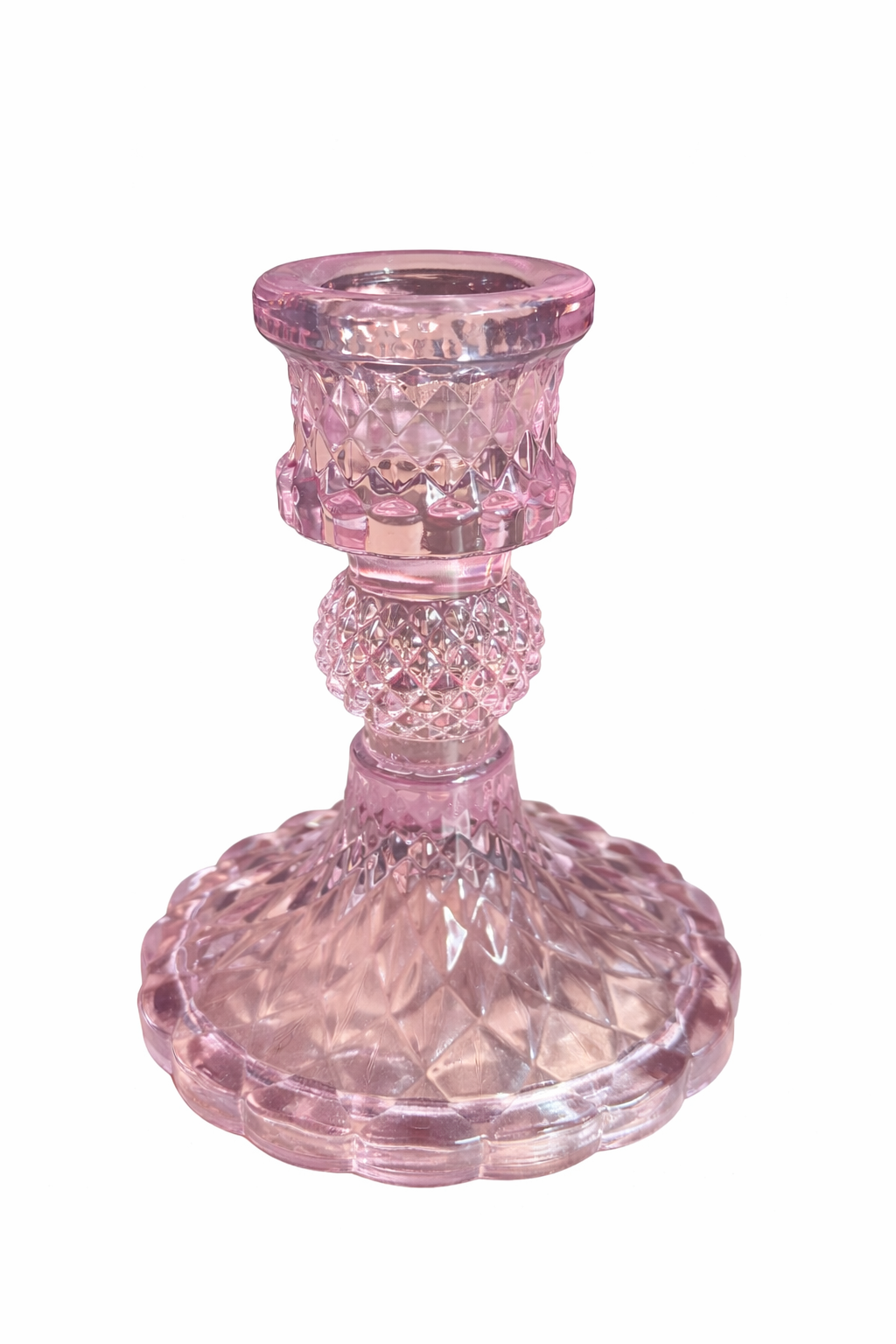 Pressed Glass Mini Candlestick Holder – Diamond Cut Pattern – Decorative Table Candlestick