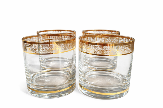 Vintage Heavy Crystal Whisky Tumblers with Gilt Floral Band – Elegant Mid Century Barware – Set of Glasses