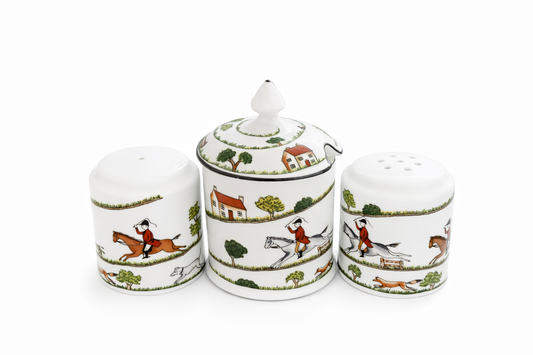 Vintage Coalport Hunting Scene Cruet Set – Bone China Salt Pepper & Mustard Pot