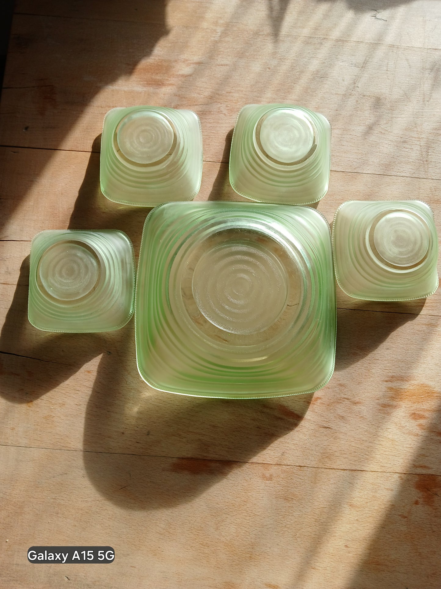 Vintage Frosted Green Pressed Glass FruitSet-Large Bowl with Four Matching Dishes