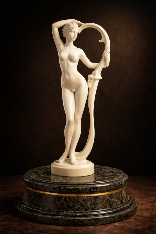 Italian Art Deco style female sculpture by Sculture (Prof. Bessi), made in Italy. Elegant classical nude holding a lyre/harp in the manner of 1930s decorative sculpture. Ivory alabaster composite with original factory stamp to base.
