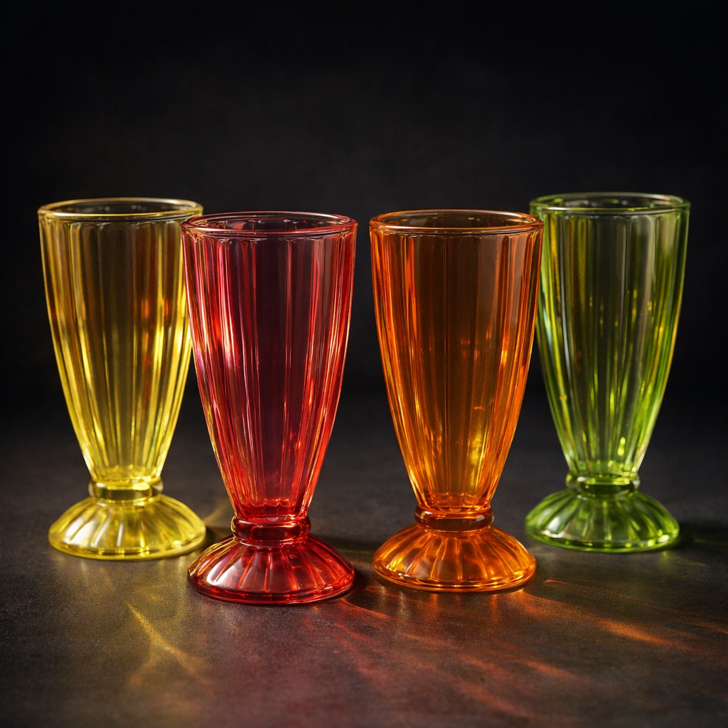 Vintage Harlequin Ribbed Sundae / Dessert Glasses – Set of 4 – Amber, Red, Orange & Green