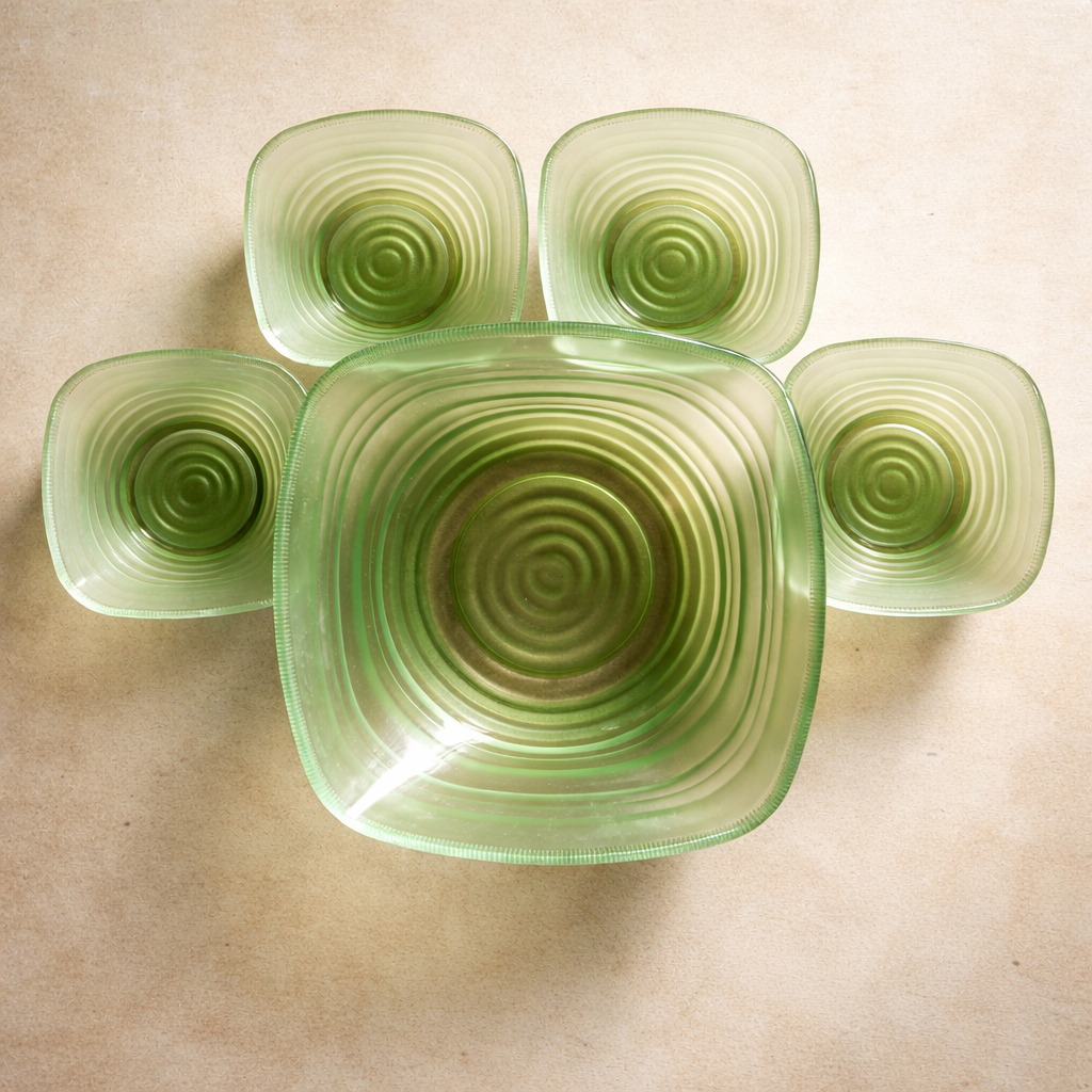 Vintage Frosted Green Pressed Glass FruitSet-Large Bowl with Four Matching Dishes